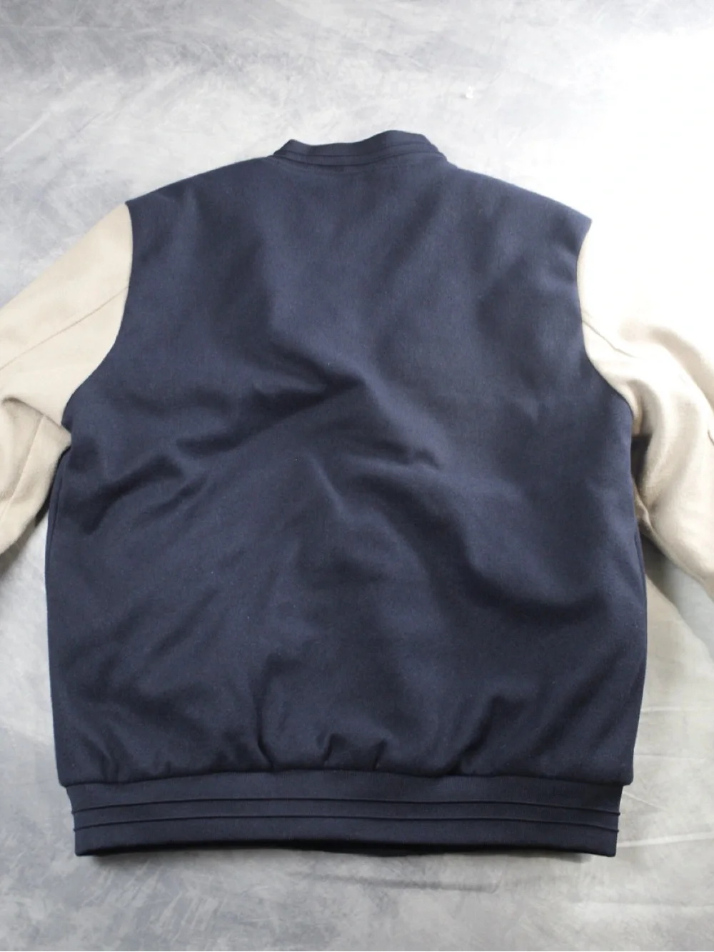 Stone Falcon Mens Large L Varsity Letterman Jacket Navy Blue Beige SF Patch